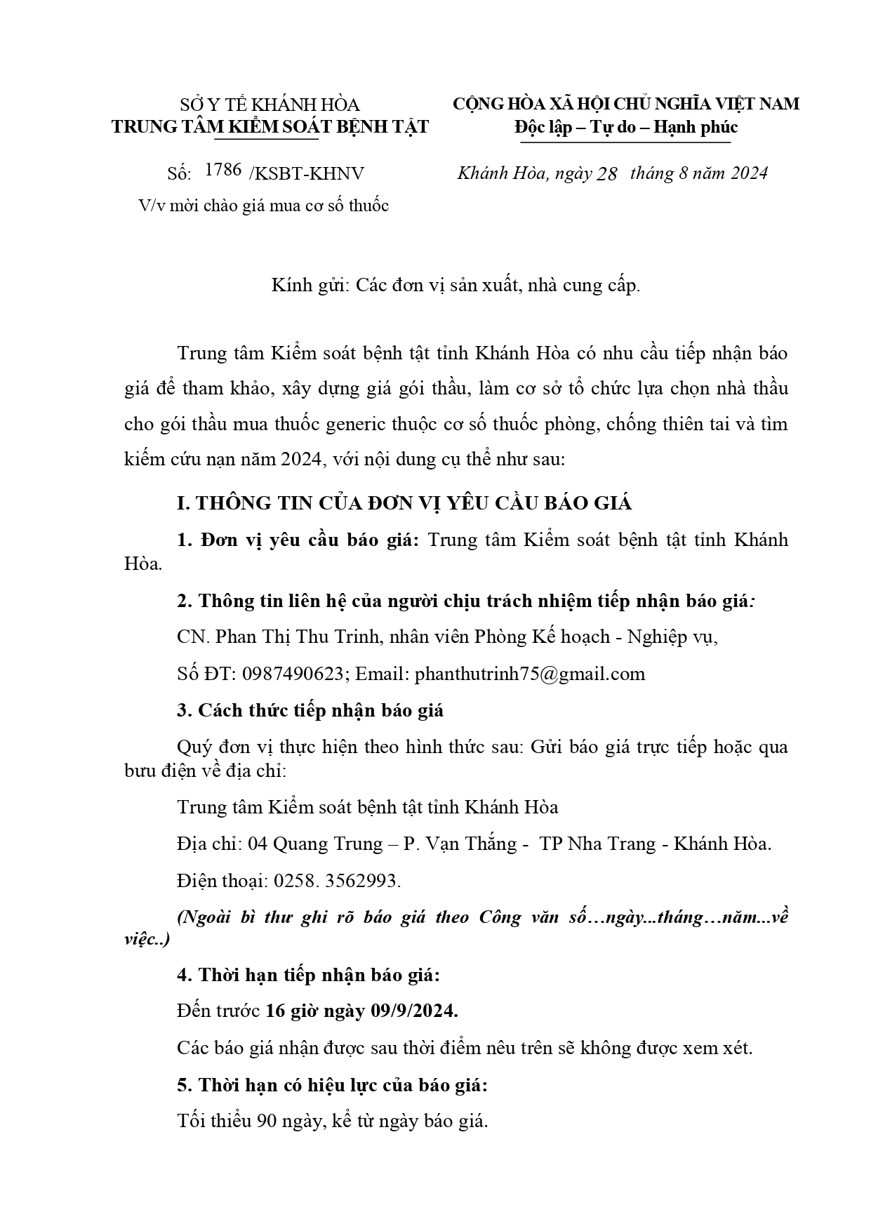 V/v mời chào giá mua cơ số thuốc
